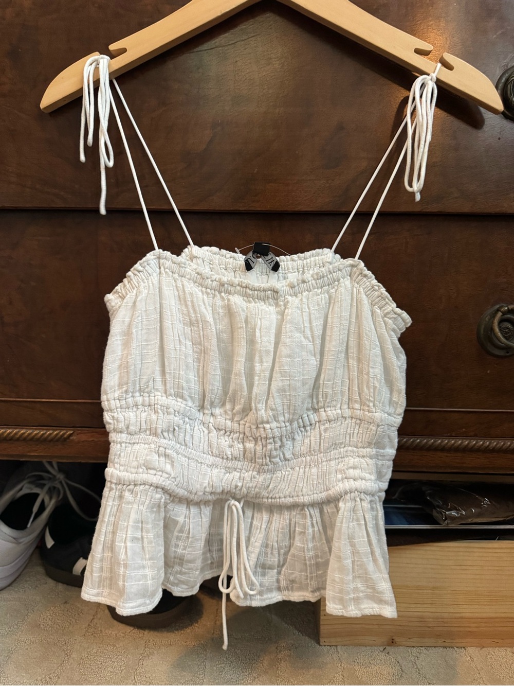 J. Crew White Smocked Tie-Shoulder Camisole